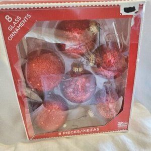 Vintage Red Glitter Glass Christmas Ornaments In Box Set Of 6 Excellent Cond.